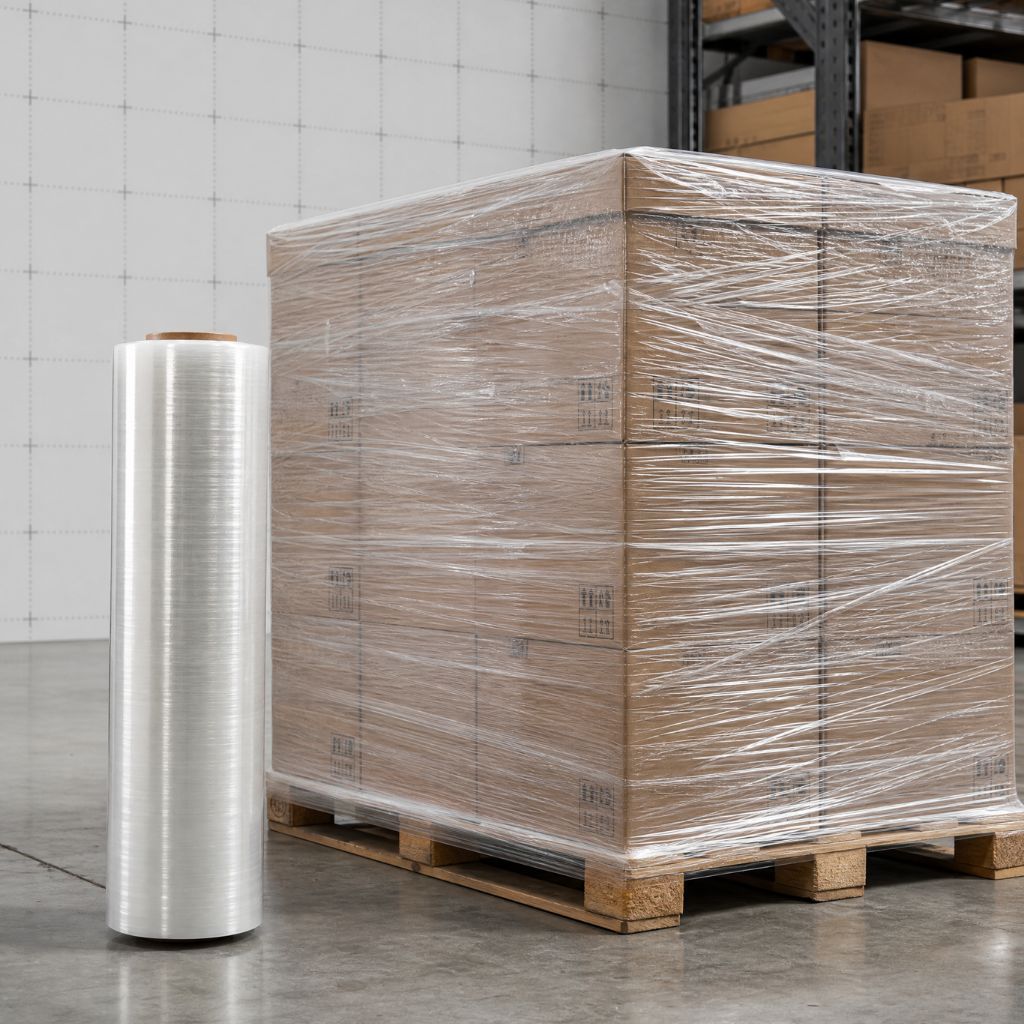 Pallet of cardboard boxes wrapped in clear plastic in a warehouse, with a roll of stretch film beside it.
