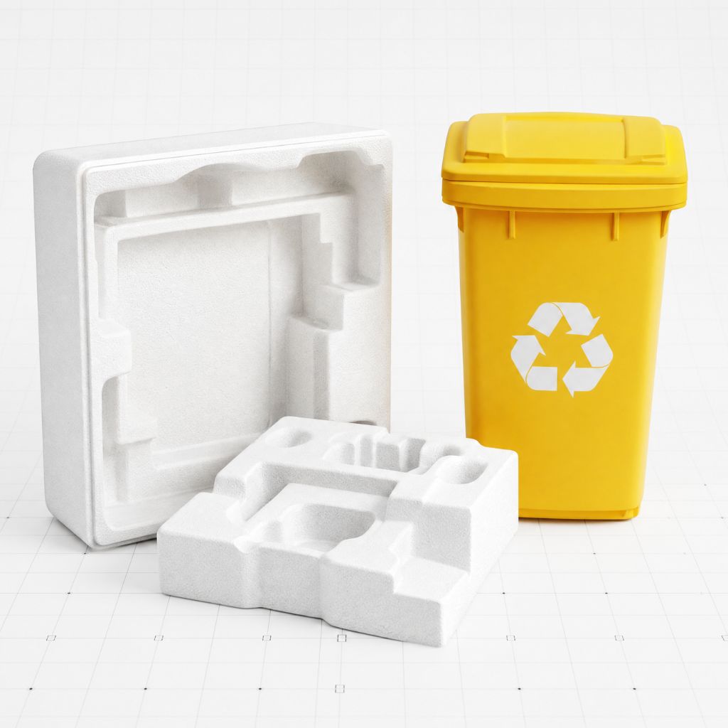 Yellow recycling bin with lid beside white foam packing blocks and inserts, suggesting packaging waste disposal.