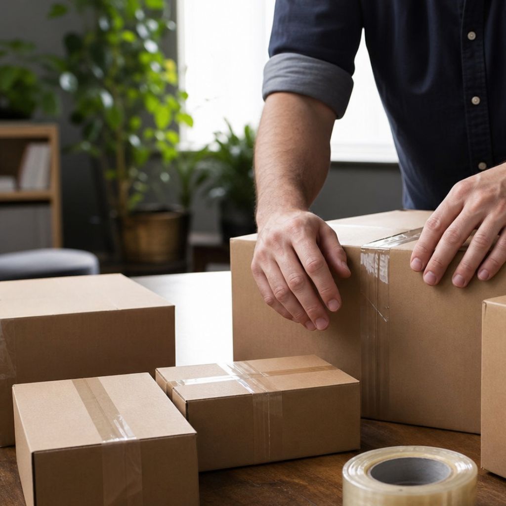 Person sealing cardboard boxes with clear tape on a wooden table, packing items for move or shipping.