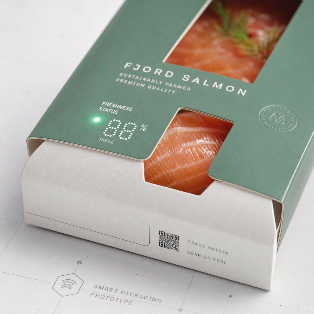 Green salmon packaging with window showing salmon slices and 'FJORD SALMON' branding; freshness status shows 68% and a green LED dot.