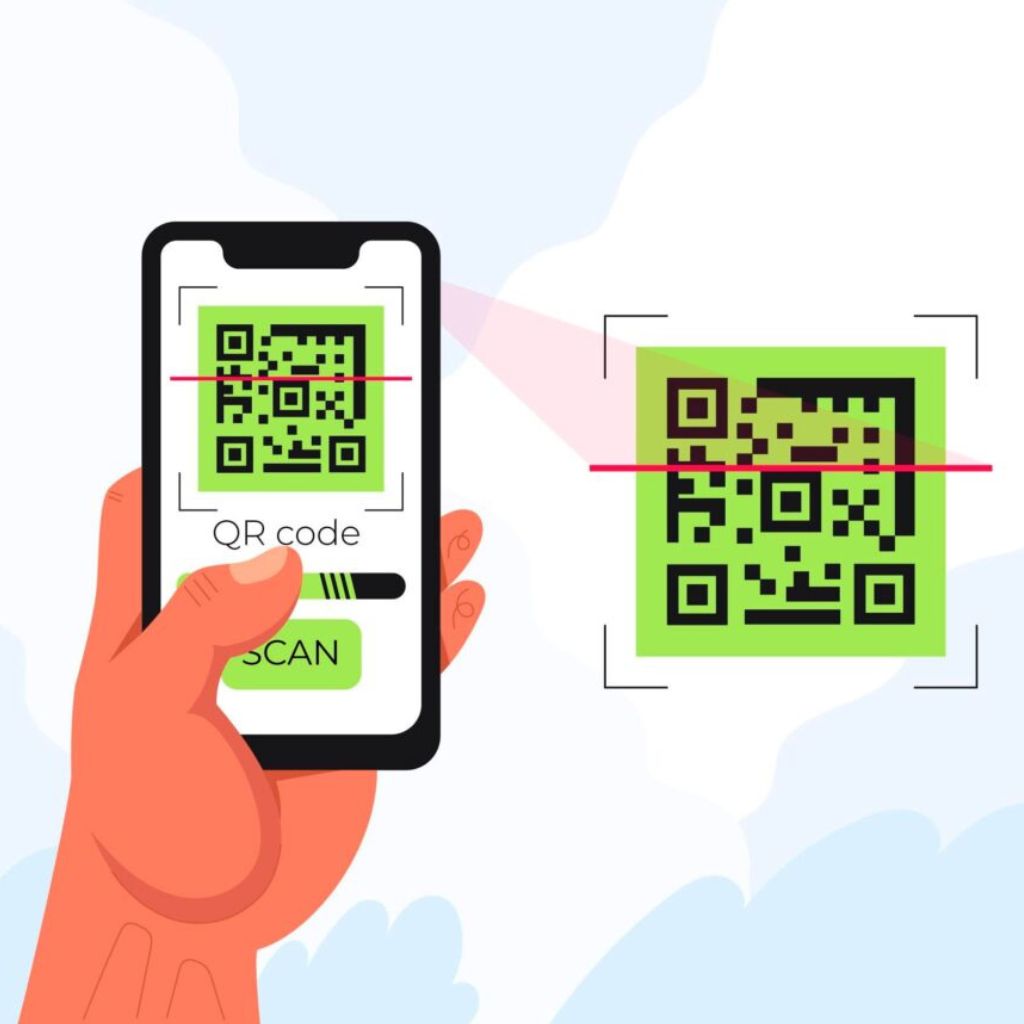 Scanning a QR code with a smartphone held in a hand, capturing a green QR square in the air, showing a scan button on screen.