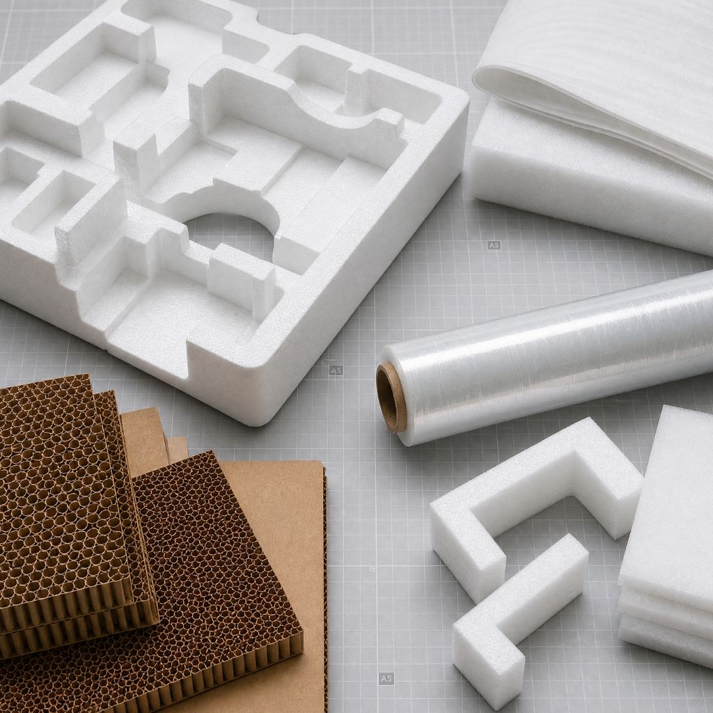 White foam packing inserts with a cutout layout, along with foam blocks, a roll of aluminum foil, and brown honeycomb cardboard sheets on a grid mat.