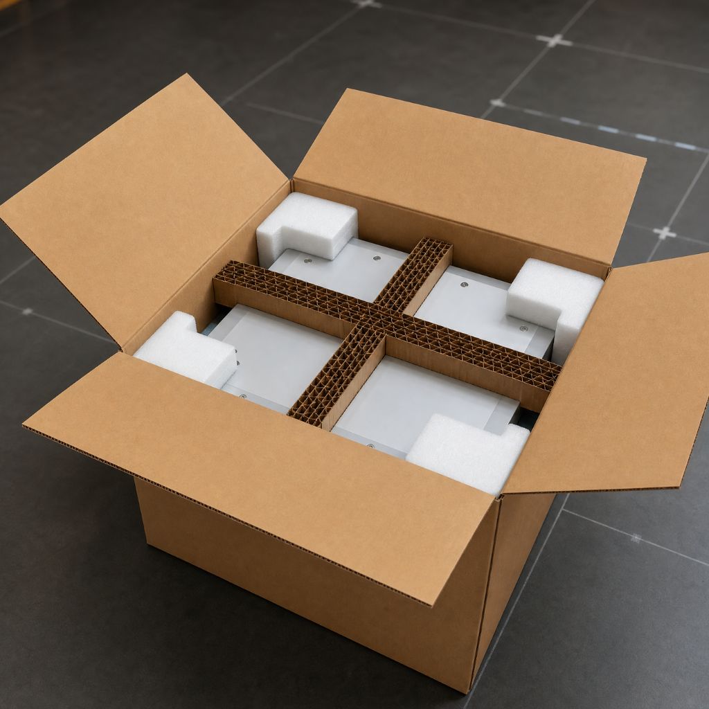 Open cardboard shipping box with white foam corner blocks and interlocking corrugated cross supports for a product safely packed inside.