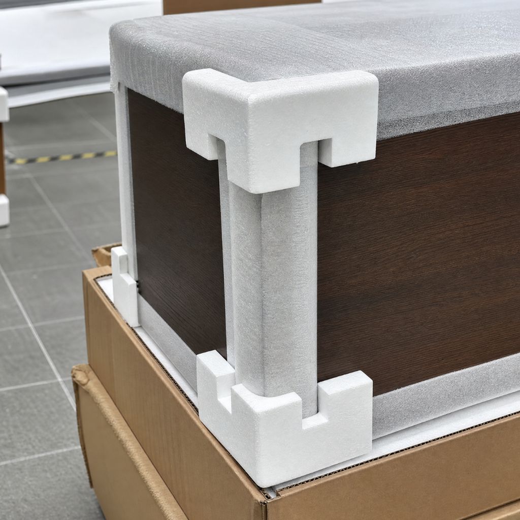 Foam corner protectors cushion a wooden panel inside a shipping crate.