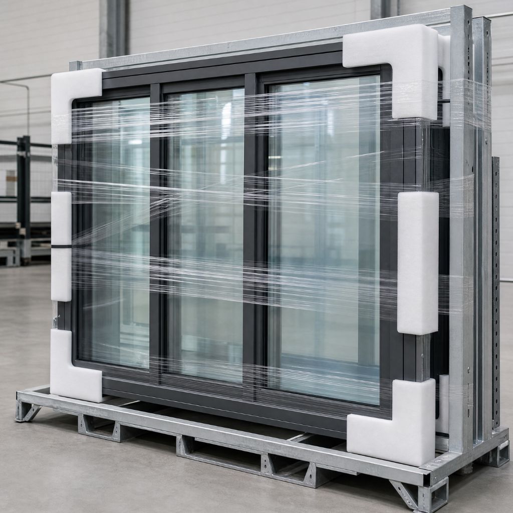 Industrial window unit on a metal pallet, wrapped in plastic and foam corner protectors in a warehouse setting