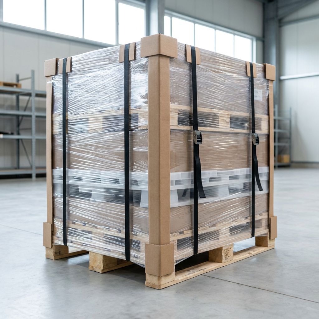 Large wooden pallet with boxed cargo wrapped in plastic and secured by black straps in a warehouse.