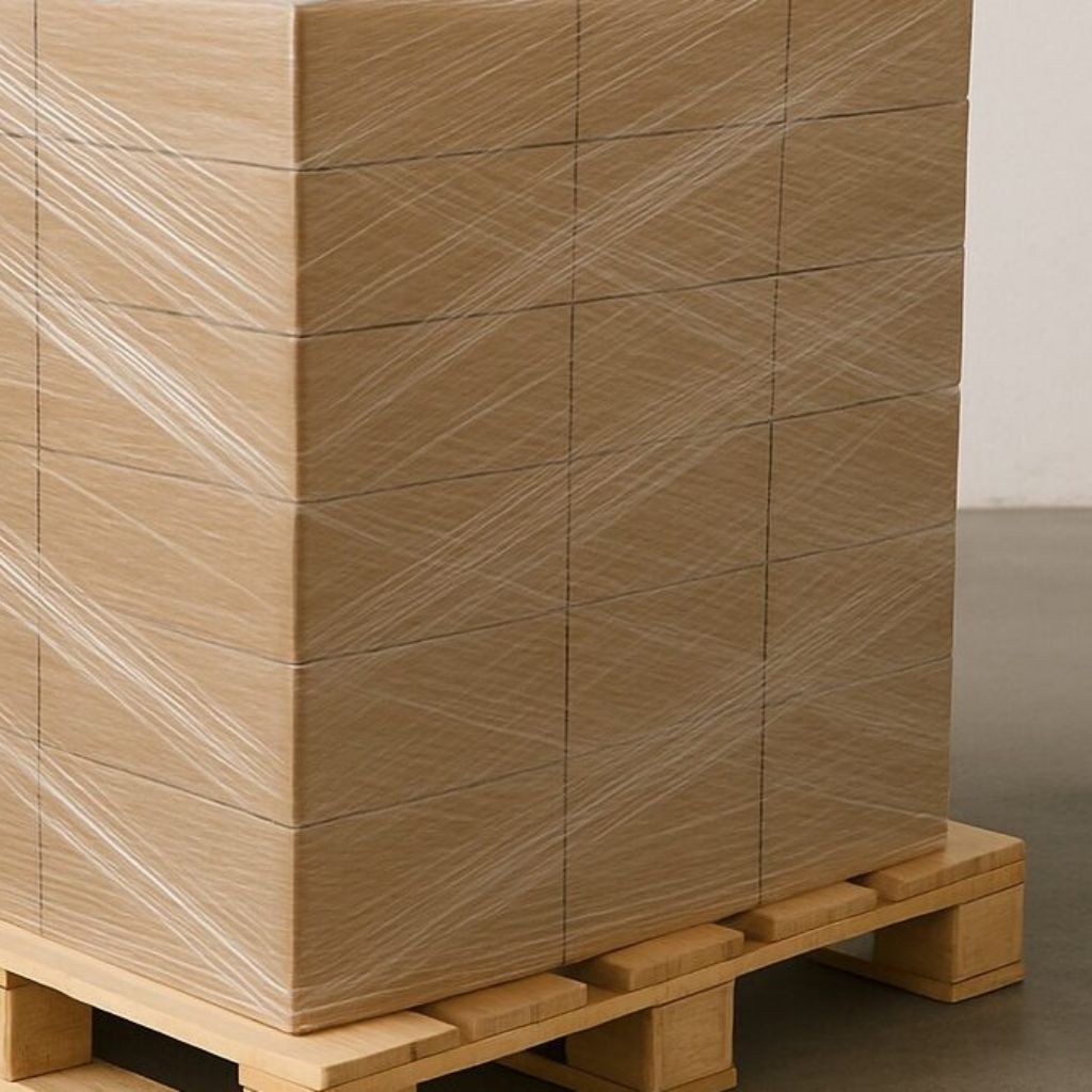 Stack of cardboard boxes on a wooden pallet, wrapped in plastic for shipment in a warehouse.
