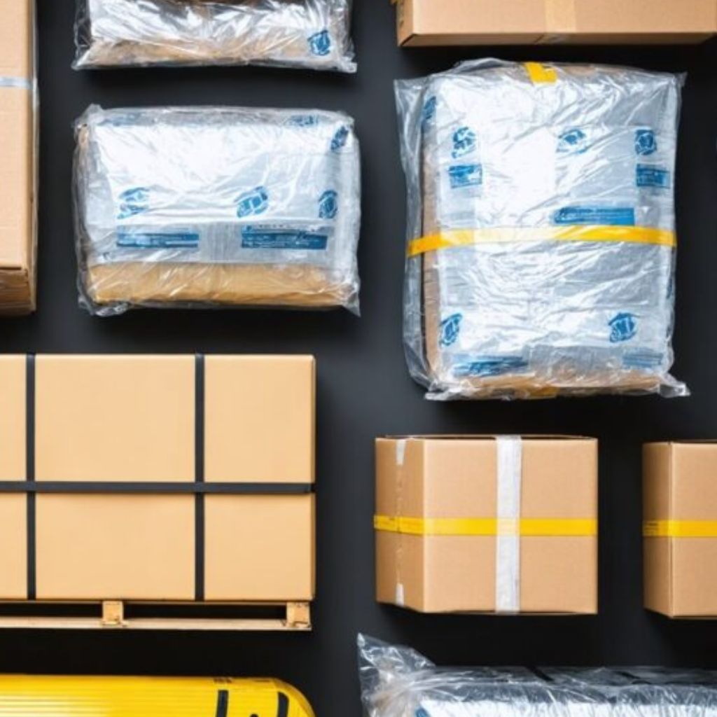 Row of brown cardboard boxes of various sizes, some plastic-wrapped, arranged on a dark surface for shipping.