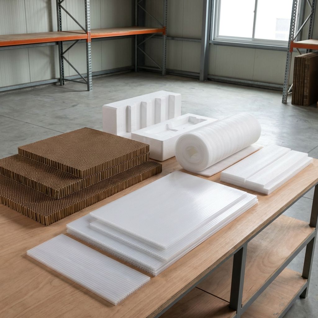 Workshop table with stacked brown corrugated cardboard, white foam boards, and foam blocks ready for prototyping in a storage room with metal shelves and a window.