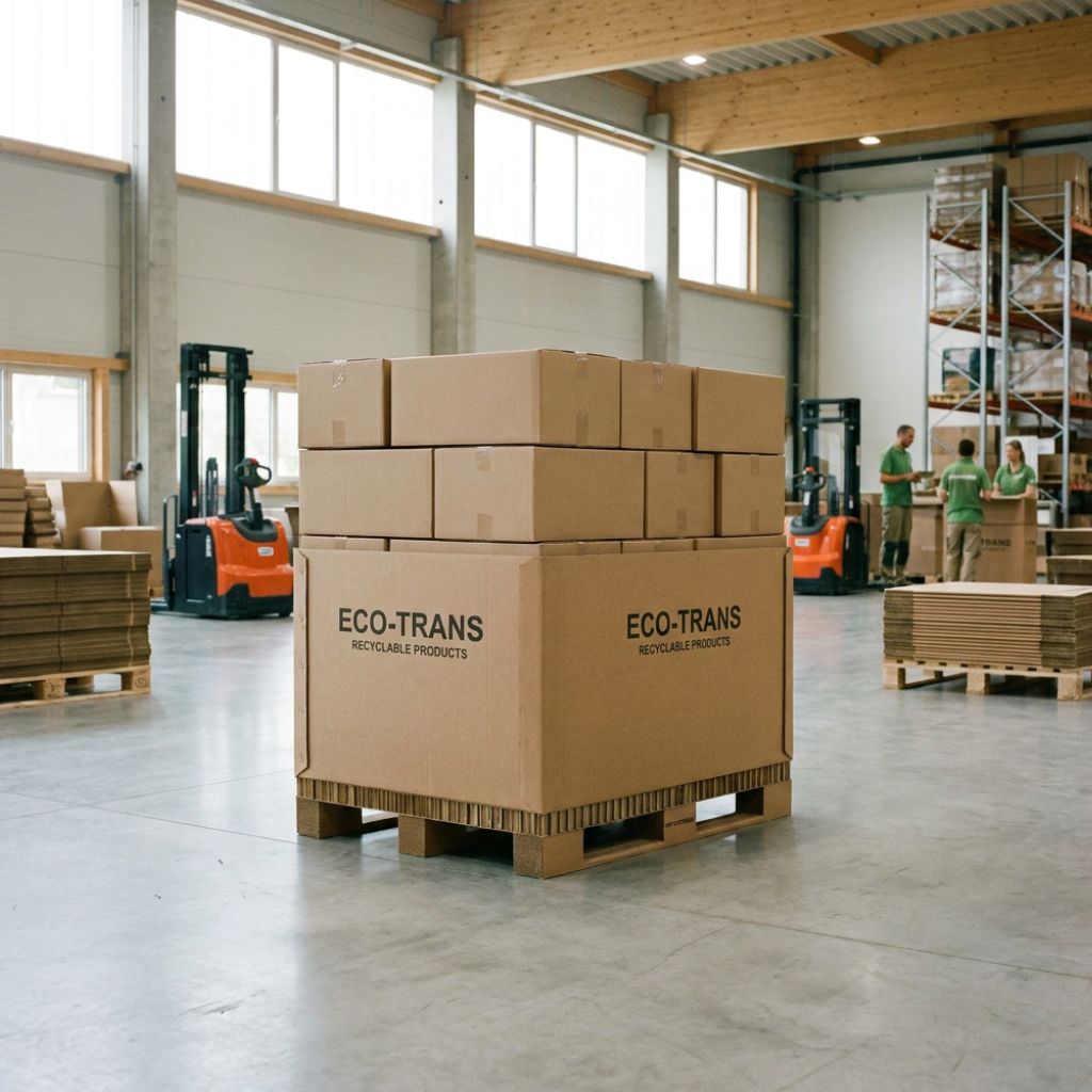 Warehouse scene with a pallet of ECO-TRANS boxes; forklifts and workers in green shirts in the background.
