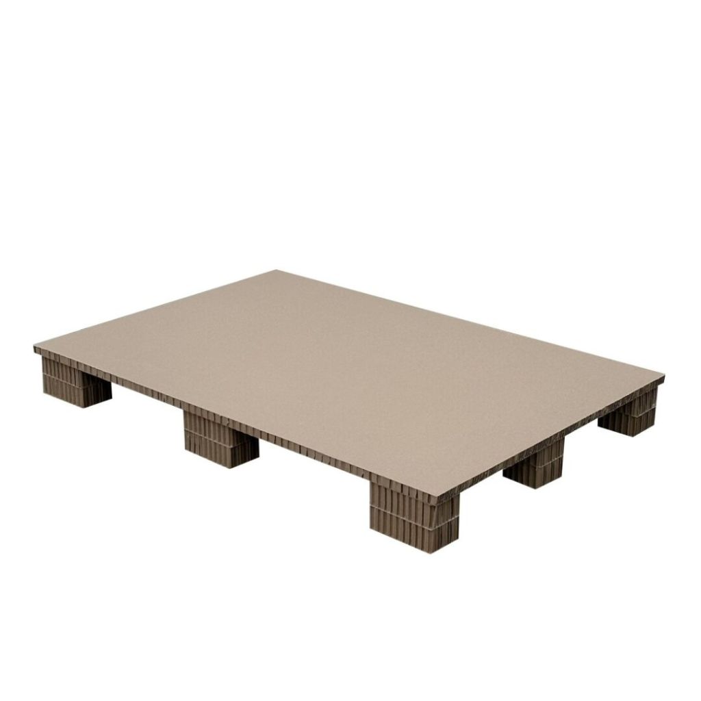 Standard wooden shipping pallet with slatted top and block feet on a white background