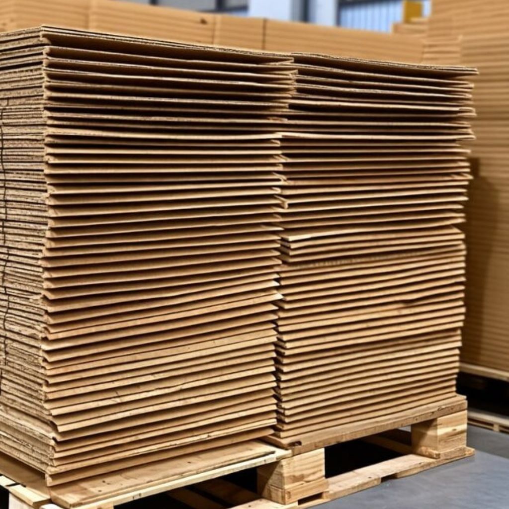 Stacked sheets of cardboard on a wooden pallet in a warehouse, ready for shipping or storage.