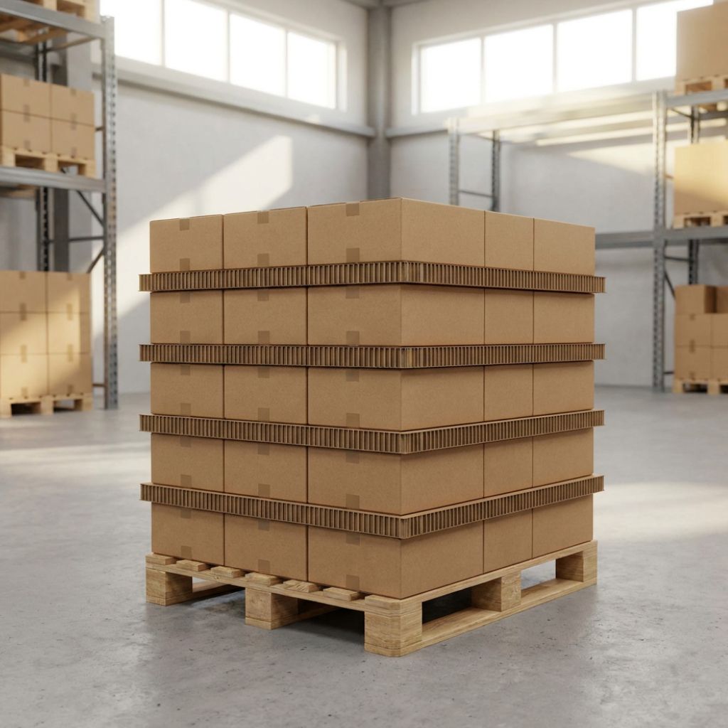 Stack of sealed cardboard boxes piled on a wooden pallet in a bright warehouse.