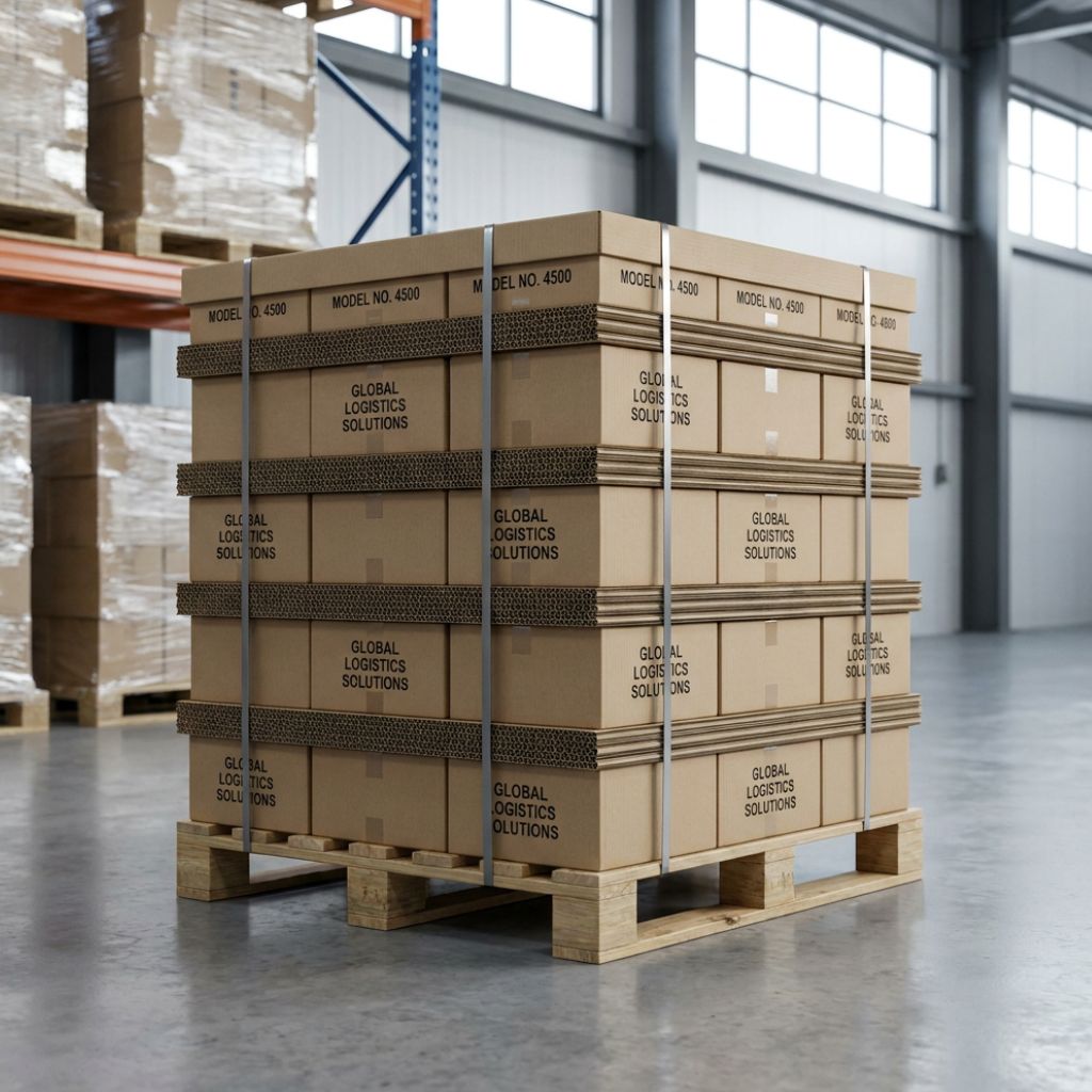 Stack of cardboard boxes labeled Global Logistics Solutions on a wooden pallet in a warehouse.