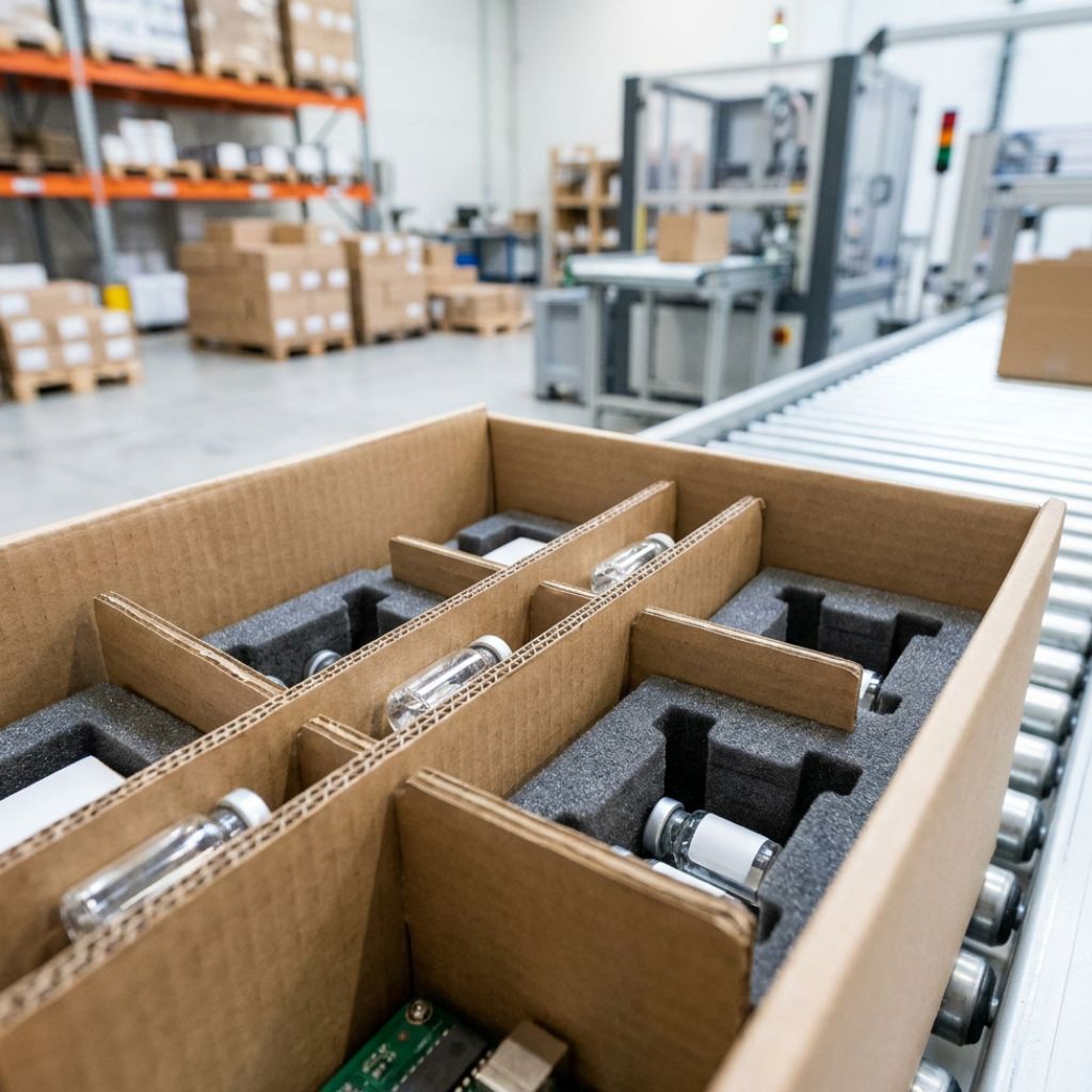 Open cardboard packing tray with glass vials on foam inserts near a conveyor in a warehouse.