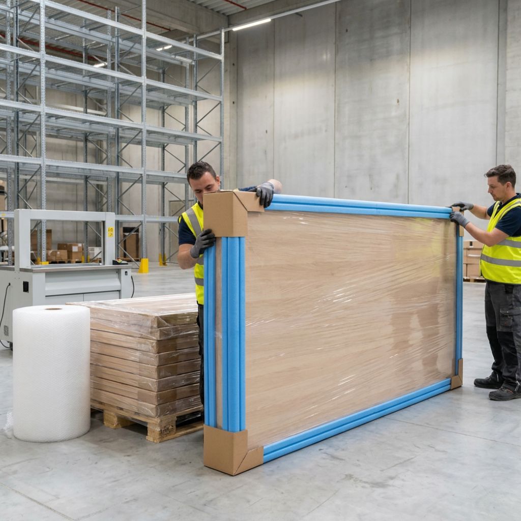 Two workers in high-visibility vests move a large wrapped panel with blue protective edging in a warehouse.