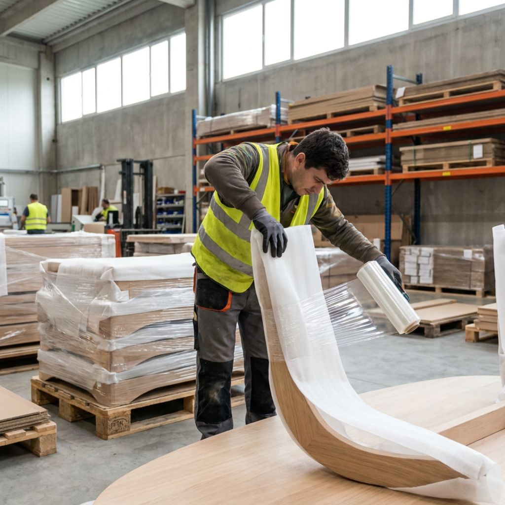 Worker in a high-visibility vest wraps a curved wooden piece with protective plastic in a lumber warehouse.