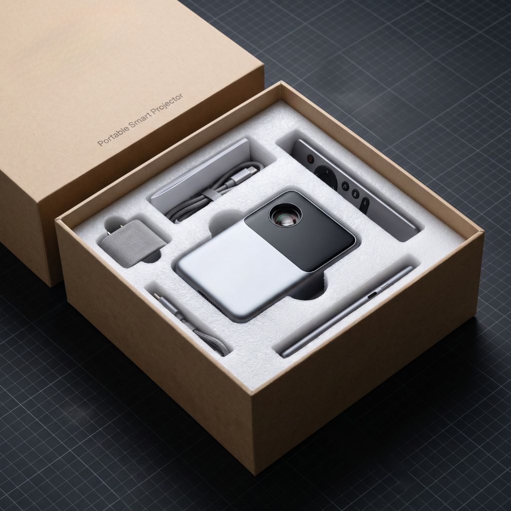 Unboxed portable smart projector kit: a gray-and-white projector sits in foam in a brown box, with remote, cables, and adapters arranged around it.