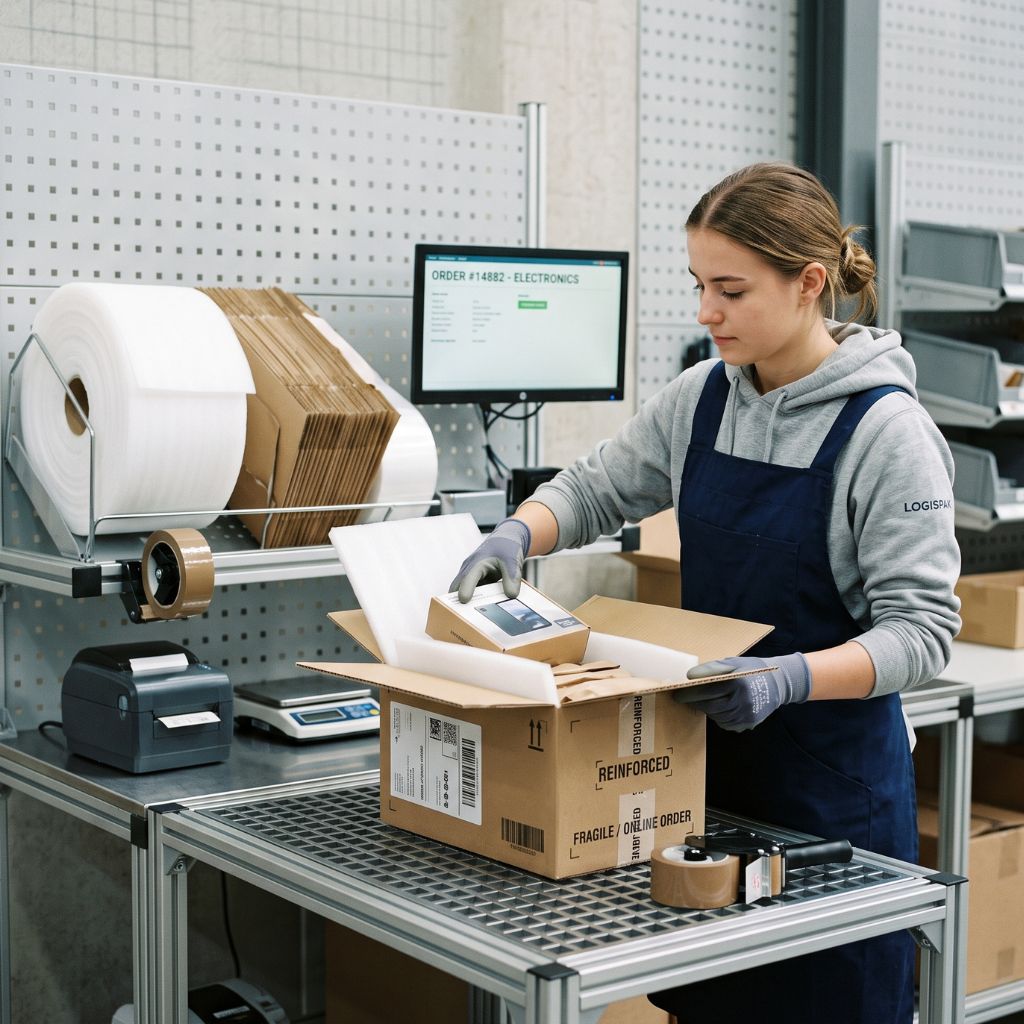 Warehouse worker in a gray hoodie and blue apron seals a cardboard box at a packing station, with packing materials and a computer screen in the background.