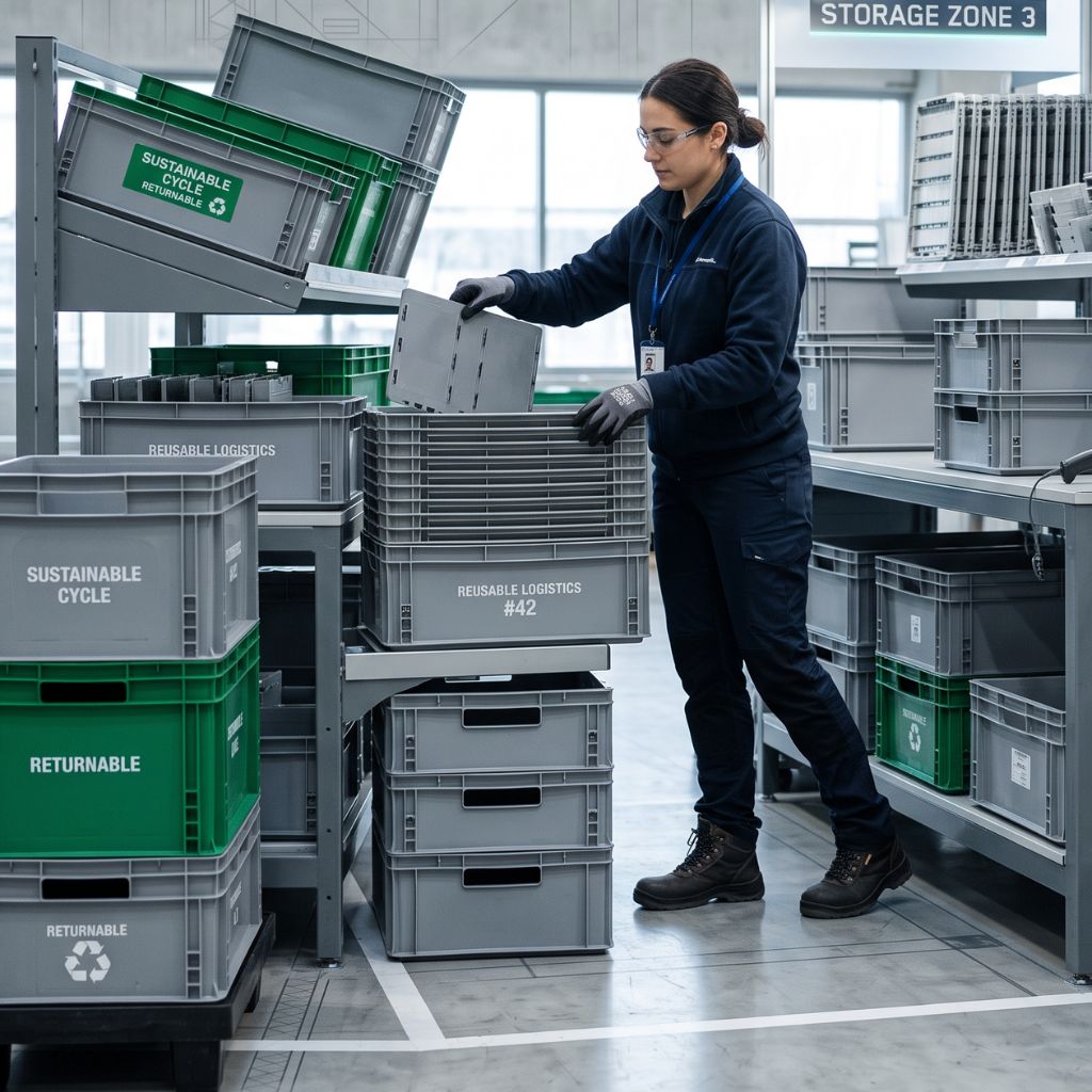 Warehouse worker stacks gray and green reusable crates in a storage area labeled Storage Zone 3 and Sustainable Cycle to emphasize sustainability.