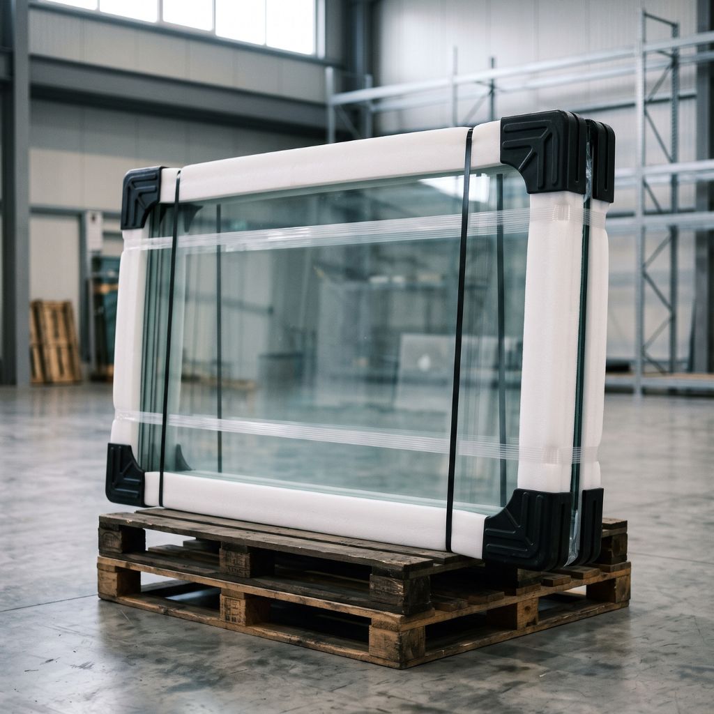 Large glass panel with white frame and black corner guards on a wooden pallet in a warehouse, ready for shipment.