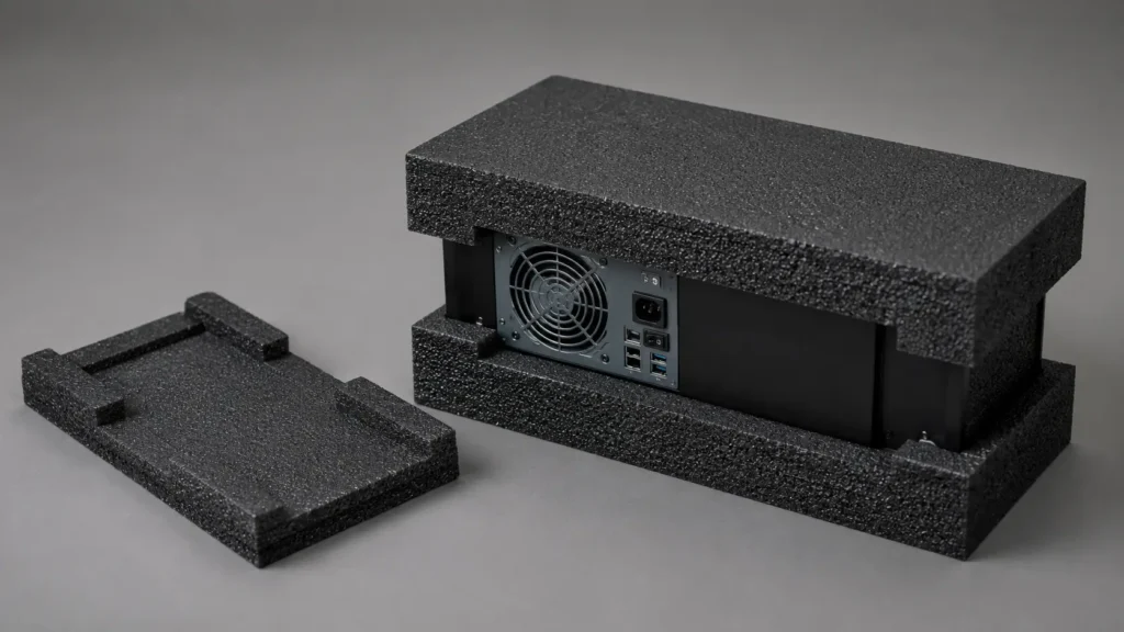 Server or network device in protective foam packaging, rear panel shows cooling fan and I/O ports.