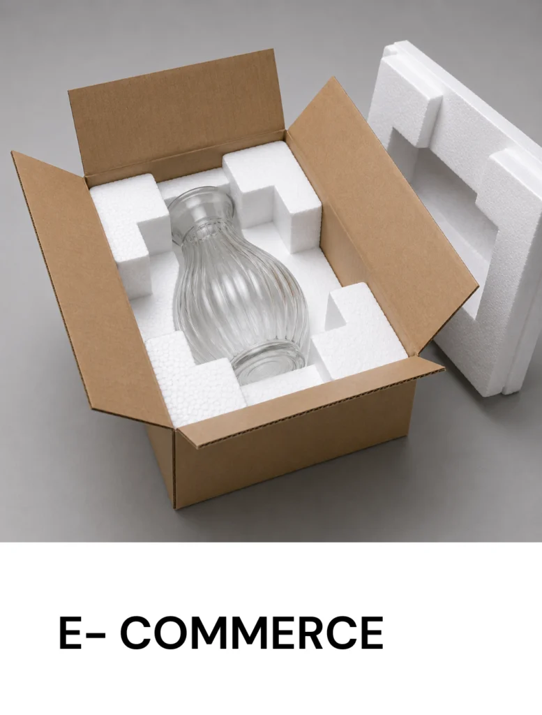 Glass light bulb packed in a cardboard shipping box with foam padding, illustrating e-commerce packaging.