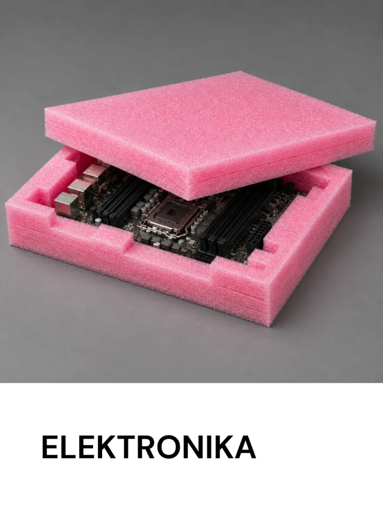 Pink foam shippingケース with a motherboard inside, labeled ELEKTRONIKA beneath.