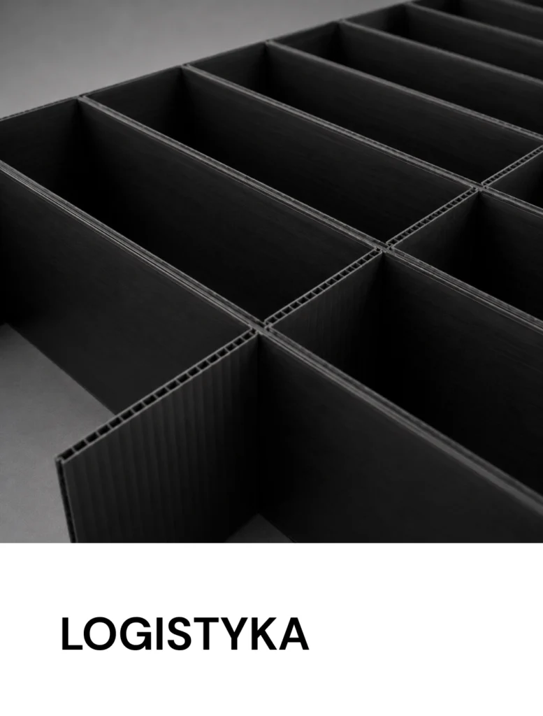Black corrugated cardboard storage dividers forming a grid, with the word LOGISTYKA shown in bold at the bottom.