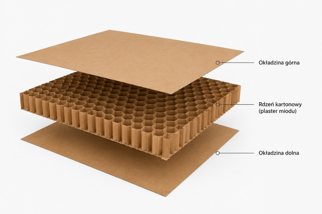 Exploded view of a corrugated cardboard panel showing top liner, honeycomb core, and bottom liner (packaging material). Reinforced diagram labeling the three layers.