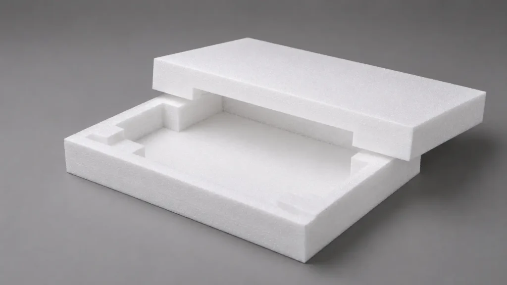 White foam packaging box with lid partially open, showing an insert cavity and surrounding walls (styrofoam packaging)