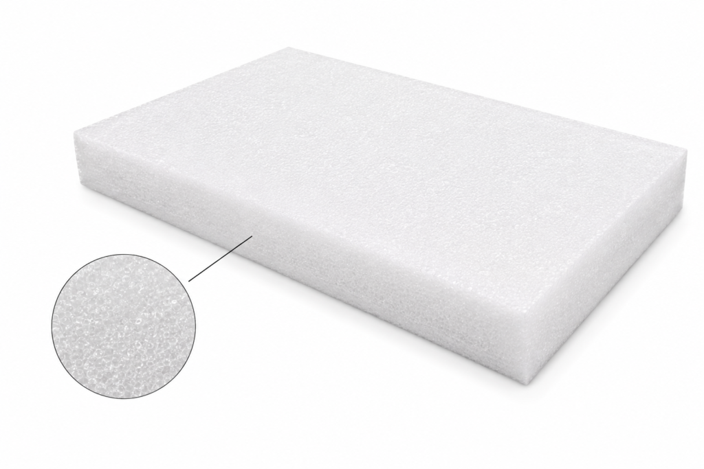 White foam packing block (polystyrene) with a magnified inset showing the bubble texture