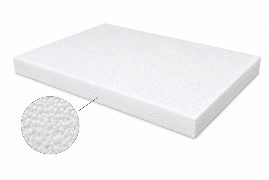 White foam mattress slab with a textured surface; inset shows a close-up of foam beads (EPS) indicating a bead foam core.