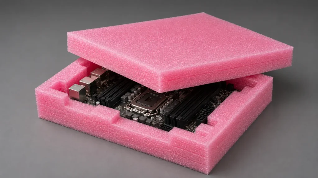 Motherboard partially enclosed in pink foam shipping block, with CPU socket visible.