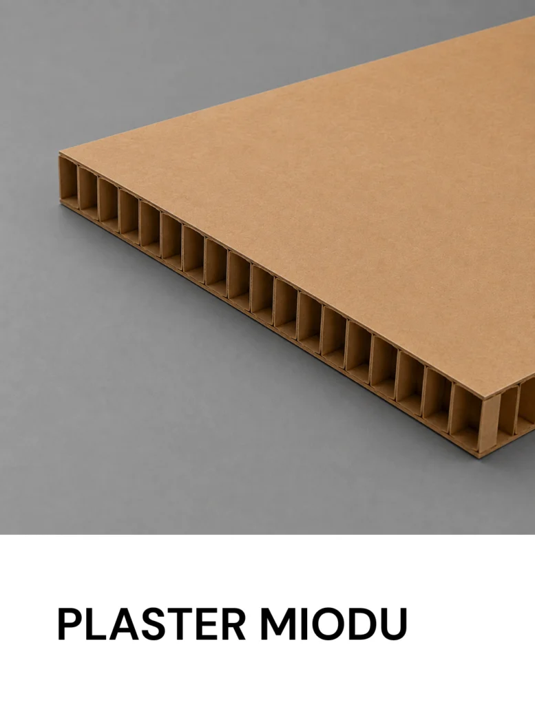 Close-up of a brown corrugated cardboard panel with its hollow honeycomb core exposed along the edge on a gray background.