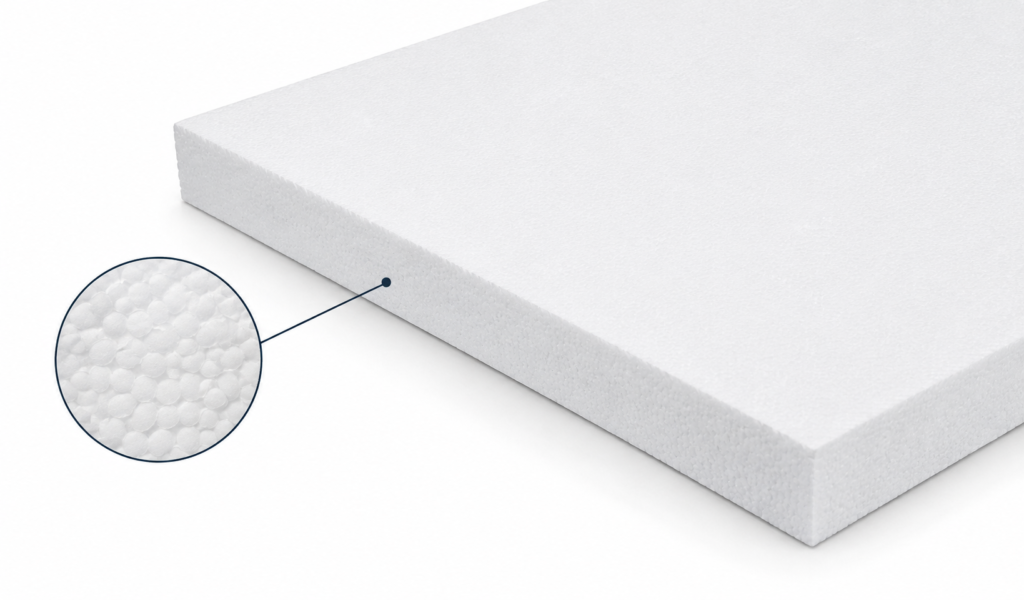 Close-up of a white foam mattress with a magnified view of the bubble-like cells showing its texture.