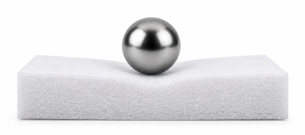 Shiny silver ball balanced on a white foam block against a plain white background.