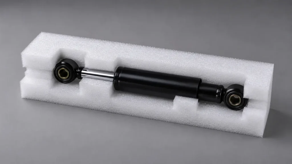 Gas-filled shock absorber (damper) secured in foam packaging, showing piston rod and black cylindrical body for automotive use.