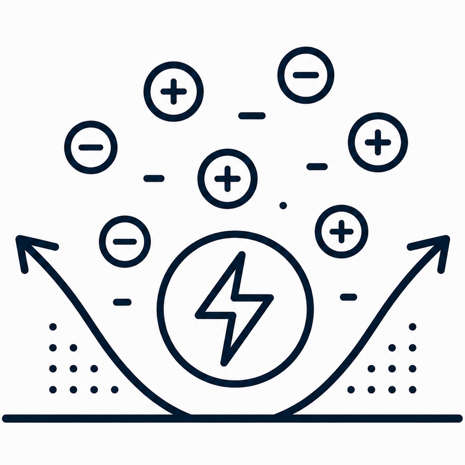 antistaticwebp – Ticol Wrocław – Ticol Wrocław Illustration of an electrical surge with plus and minus signs around a central lightning bolt and upward-curving arrows approaching a surge shape.