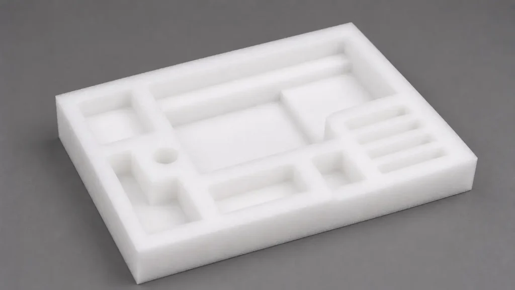 White foam packaging insert with multiple compartments for organizing small parts on a gray background, showing a modular tray design.