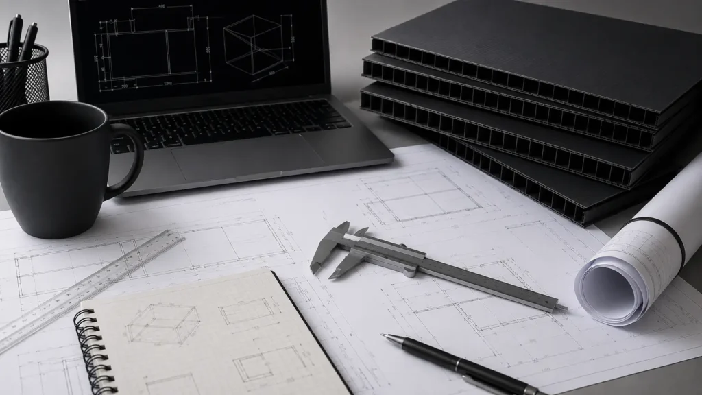 Architect’s drafting desk with blueprints, a laptop showing technical drawings, calipers, rulers, a rolled plan, and a notebook with cube sketches surrounding a black mug and pen on the desk.