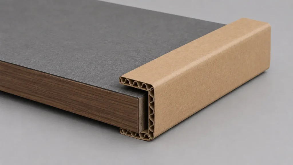 Engineered wood panel with a dark gray top and wood veneer edge wrapped in a protective corrugated cardboard sleeve, photographed on a gray surface.