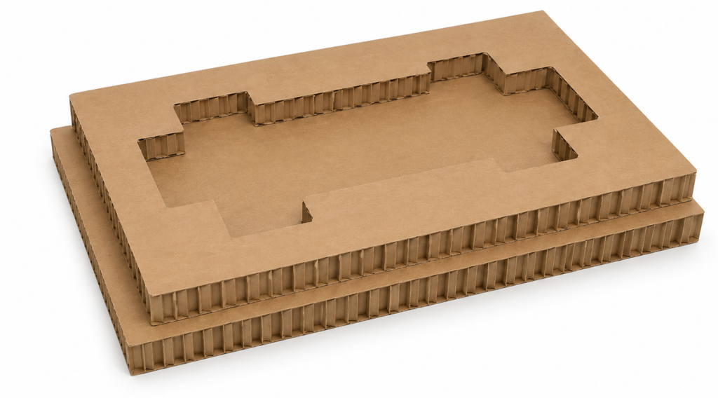 Stack of corrugated cardboard sheets with a large inner hollow cavity formed by stepped cutouts, like a packaging insert