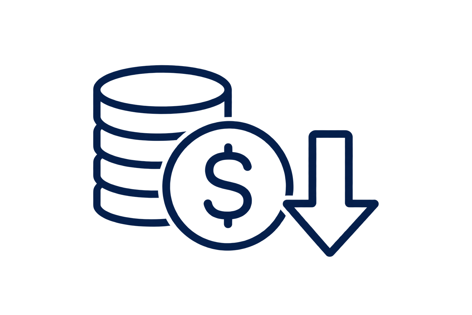 Database icon with a dollar sign coin and a downward arrow, implying money-related data download or savings