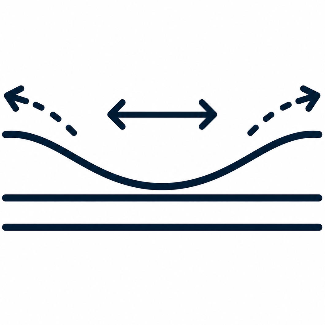 Icon illustrating horizontal stretch or resizing: curved line bending upward with left and right arrows, above two parallel base lines