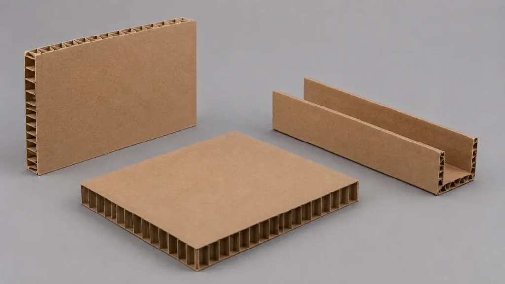Assorted cardboard panels: flat sheet, vertical board, and two corrugated channels on gray surface