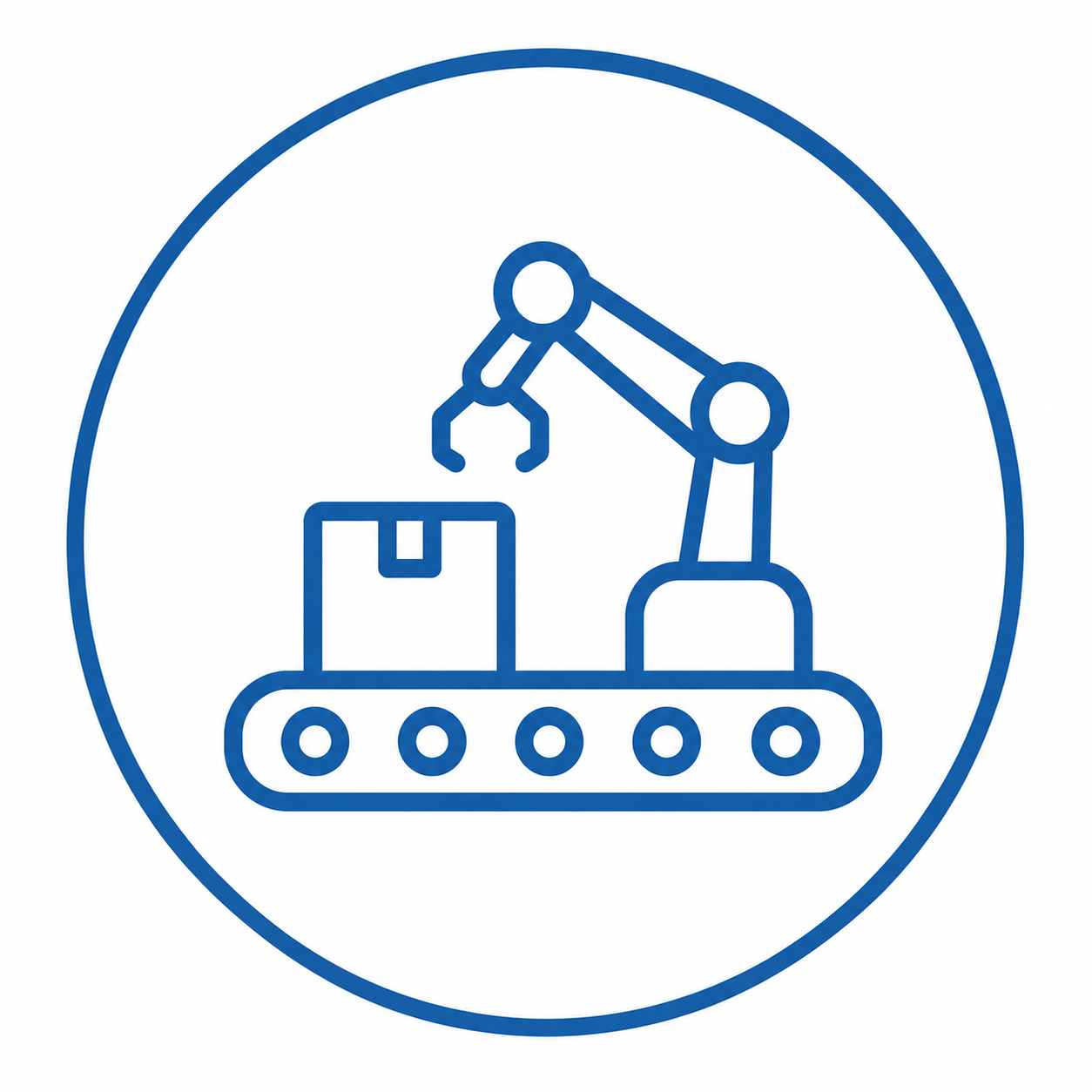 Industrial robot arm placing a box on a conveyor belt on a production line