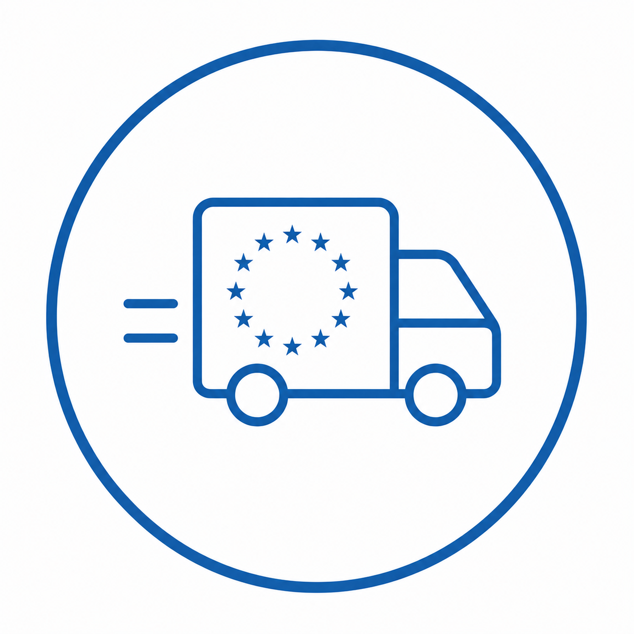 Delivery truck icon featuring a circle of EU stars on its side, enclosed in a blue ring.