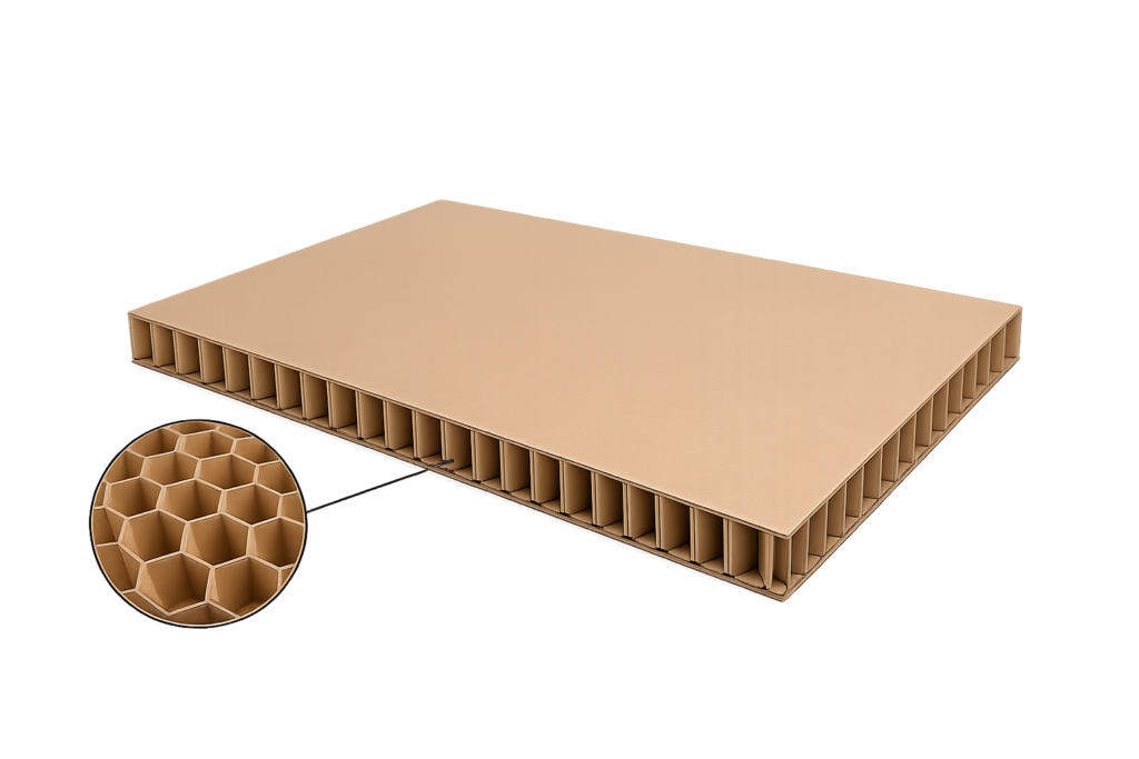 Rectangular honeycomb cardboard panel with beige exterior and exposed hexagonal cell structure along the edge inset from the side view edge.
