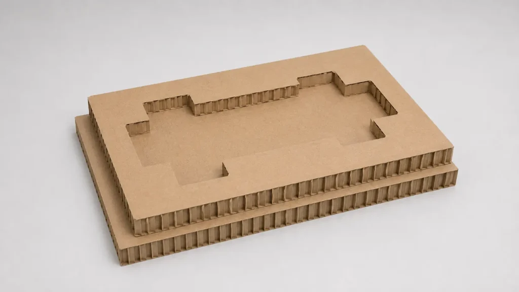 Cardboard architectural model of a multi-story building with a central rectangular courtyard."